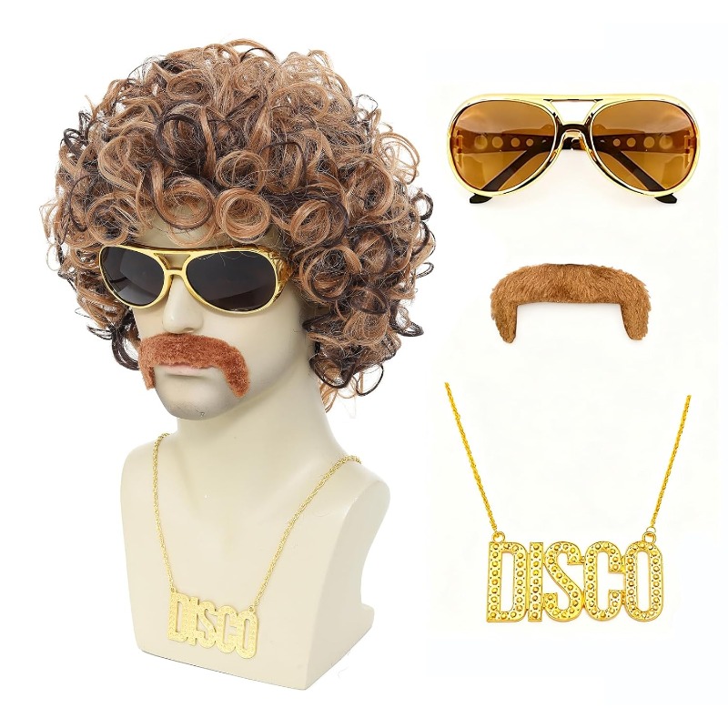 Men Accessories Pack - 70s 80s Disco Costume Wig Set-Afro