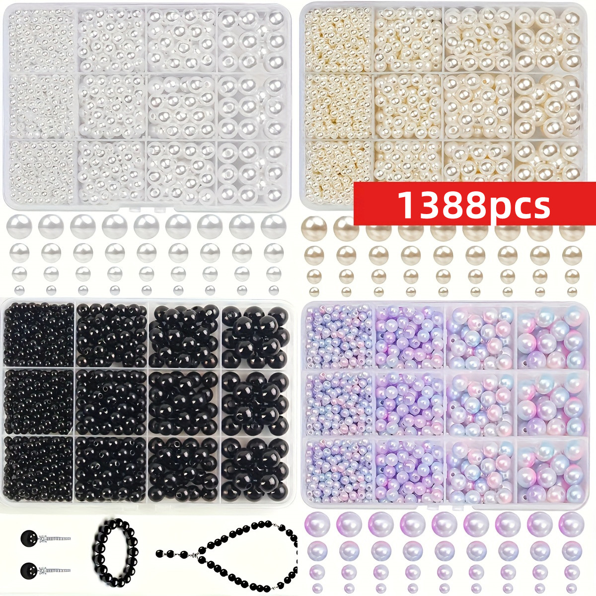 Men Accessories Jewellery - 1388pcs 4/6/8/10mm Black, white, and blue